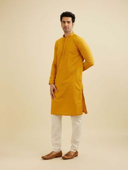 Manyavar - Mustard Cotton Blend Embroidered Kurta with Pyjama (Set of 2)