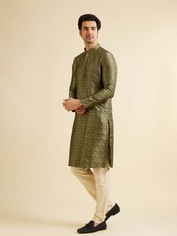 Manyavar - Olive Brocade Self Design Kurta with Pyjama (Set of 2)