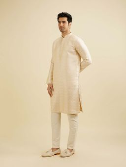 Manyavar - Cream Brocade Self Design Kurta with Pyjama (Set of 2)