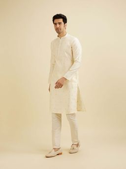 Manyavar - Cream Art Silk Self Design Kurta with Pyjama (Set of 2)