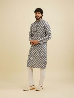 Manyavar - Grey Cotton Blend Embroidered Kurta with Pyjama (Set of 2)