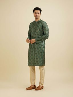 Manyavar - Green Cotton Blend Self Design Kurta with Pyjama (Set of 2)