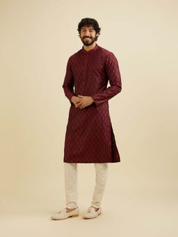 Manyavar - Maroon Art Silk Self Design Kurta with Pyjama (Set of 2)