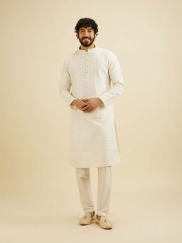 Manyavar - Cream Art Silk Embroidered Kurta with Pyjama (Set of 2)