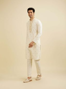 Manyavar - Cream Viscose Blend Embroidered Kurta with Pyjama (Set of 2)