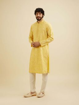 Manyavar - Yellow Viscose Blend Embroidered Kurta with Pyjama (Set of 2)