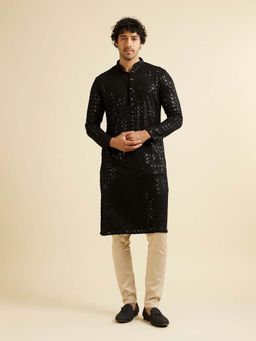 Manyavar - Black Viscose Embroidered Kurta with Pyjama (Set of 2)