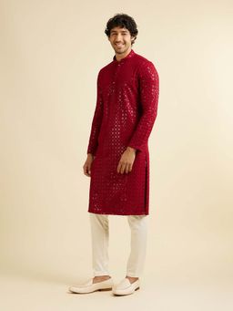 Manyavar - Red Viscose Embroidered Kurta with Pyjama (Set of 2)