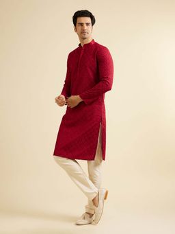Manyavar - Red Cotton Blend Embroidered Kurta with Pyjama (Set of 2)
