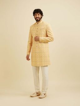 Manyavar - Yellow Cotton Blend Printed Kurta with Trouser & Pocket Square and Brooch (Set of 4)