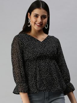 SHOWOFFFF - Women V-Neck Bell Sleeves Polka Dots Black Top