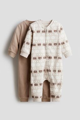H&M - Boys Beige 2-Pack Fleece Zip-Up Sleepsuits