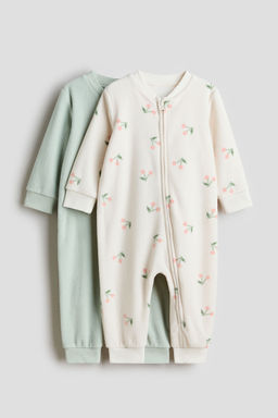 H&M - Boys White 2-Pack Fleece Zip-Up Sleepsuits