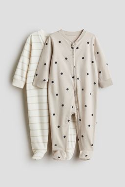H&M - Boys Beige 2-Pack Zip-Up Sleepsuits