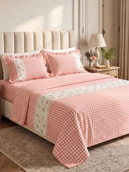 Haus & Kinder - Pink Petal Plaids Embroidered Cotton Bed Cover with Pillow Covers