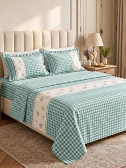 Haus & Kinder - Blue Petal Plaids Embroidered Cotton Bed Cover with Pillow Covers