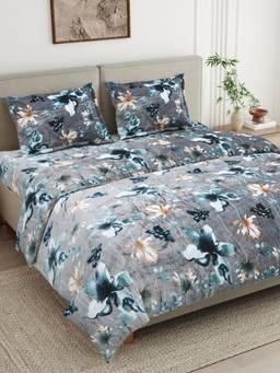 Haus & Kinder - Grey Floral Print Polyester Bedsheet with Pillow Covers