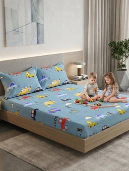FABINALIV - Blue Cartoon Print Cotton Blend Bedsheet with Pillow Covers