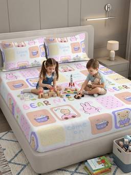 FABINALIV - Multi-Color Cartoon Print Cotton Blend Bedsheet with Pillow Covers