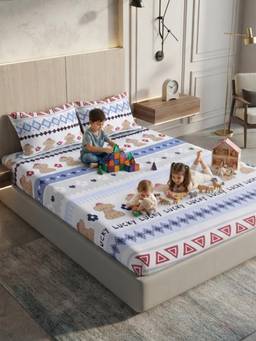 FABINALIV - Multi-Color Cartoon Print Cotton Blend Bedsheet with Pillow Covers