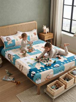 FABINALIV - Multi-Color Cartoon Print Cotton Blend Bedsheet with Pillow Covers