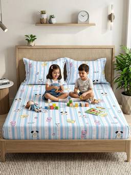 FABINALIV - Blue Cartoon Print Cotton Blend Bedsheet with Pillow Covers