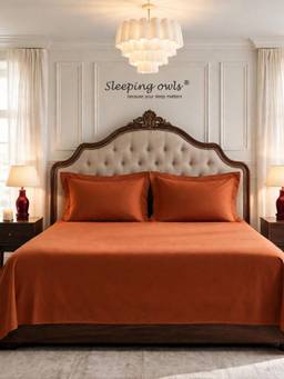 Sleeping Owls - Orange Cotton Bedsheet with Pillow Covers