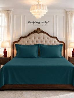 Sleeping Owls - Teal Cotton Bedsheet with Pillow Covers