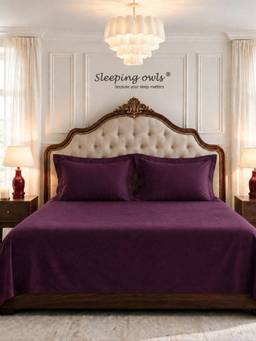 Sleeping Owls - Purple Cotton Bedsheet with Pillow Covers