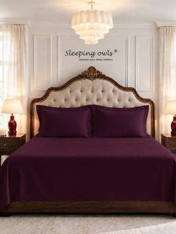 Sleeping Owls - Purple Cotton Bedsheet with Pillow Covers