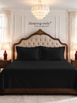 Sleeping Owls - Black Cotton Bedsheet with Pillow Covers