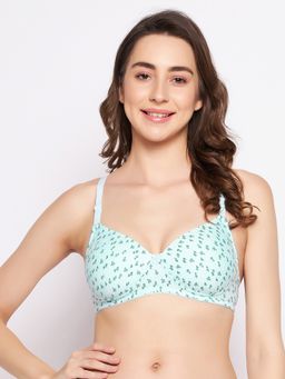 Clovia - Cotton Spandex Printed Padded Full Cup Wire Free T-shirt Bra - Light Blue