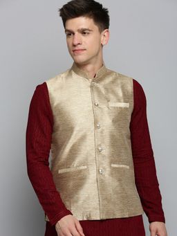 SHOWOFF - Mens Woven Design Gold Polyester Nehru Jacket