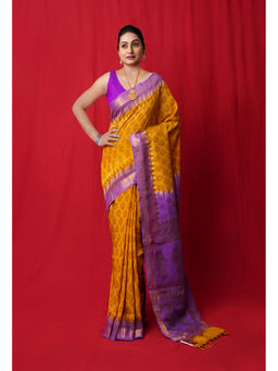 Unnati Silks - Yellow Block Printed Soft Silk Saree with Unstitched Blouse with Unstitched