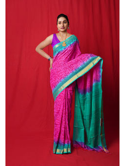 Unnati Silks - Pink Block Printed Soft Silk Saree with Unstitched Blouse with Unstitched
