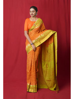 Unnati Silks - Orange Block Printed Soft Silk Saree with Unstitched Blouse with Unstitched