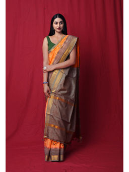 Unnati Silks - Orange Block Printed Soft Silk Saree with Unstitched Blouse with Unstitched