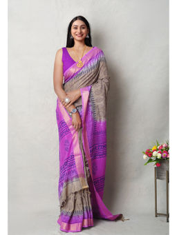 Unnati Silks - Grey Block Printed Soft Silk Saree with Unstitched Blouse with Unstitched