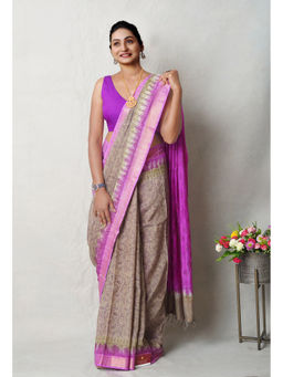 Unnati Silks - Grey Block Printed Soft Silk Saree with Unstitched Blouse with Unstitched