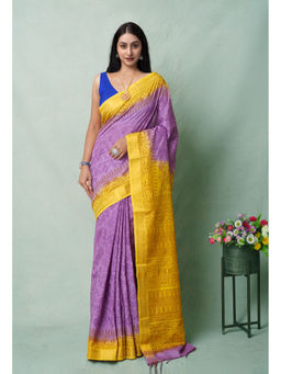 Unnati Silks - Purple Block Printed Soft Silk Saree with Unstitched Blouse with Unstitched