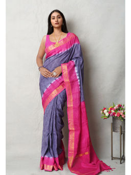 Unnati Silks - Grey Block Printed Soft Silk Saree with Unstitched Blouse with Unstitched