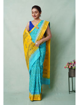 Unnati Silks - Blue Block Printed Soft Silk Saree with Unstitched Blouse with Unstitched