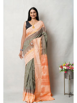 Unnati Silks - Green Block Printed Soft Silk Saree with Unstitched Blouse with Unstitched