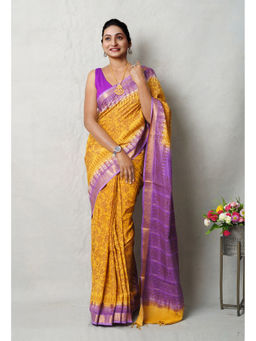 Unnati Silks - Yellow Block Printed Soft Silk Saree with Unstitched Blouse with Unstitched