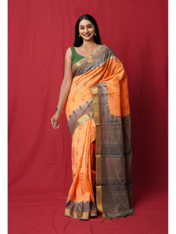Unnati Silks - Orange Block Printed Soft Silk Saree with Unstitched Blouse with Unstitched