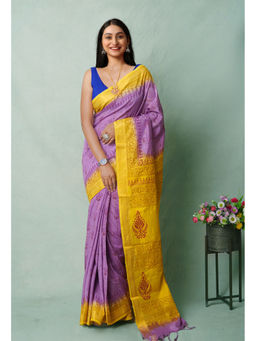 Unnati Silks - Purple Block Printed Soft Silk Saree with Unstitched Blouse with Unstitched