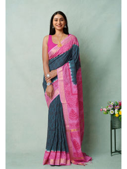 Unnati Silks - Green Block Printed Soft Silk Saree with Unstitched Blouse with Unstitched