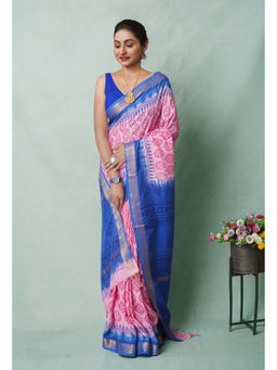 Unnati Silks - Pink Block Printed Soft Silk Saree with Unstitched Blouse with Unstitched