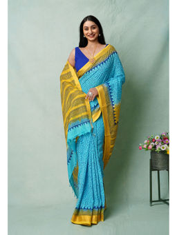 Unnati Silks - Blue Block Printed Soft Silk Saree with Unstitched Blouse with Unstitched