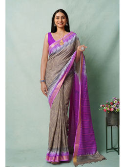 Unnati Silks - Grey Block Printed Soft Silk Saree with Unstitched Blouse with Unstitched